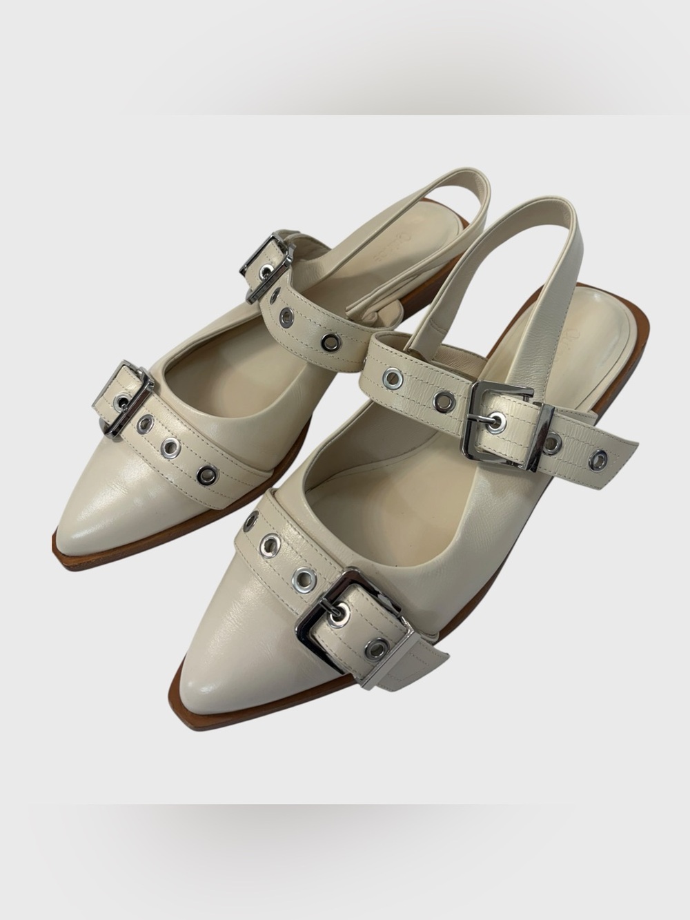 Quince Bone Ivory Italian Leather Bold Buckle Slingback Flat Size 9